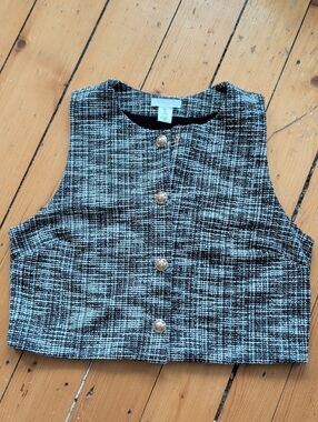 H&M Black & White Tweed Cropped Button Vest